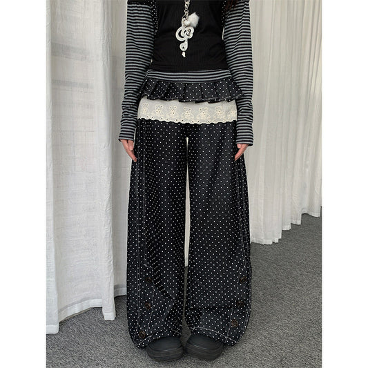 【rejio】デタッチャブルフリル ドット ワイドデニムパンツ (ブラック)