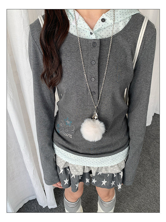 【rejio】フェイクレイヤード ドット フーデッドトップス (グレー)