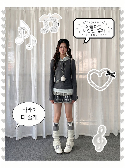 【rejio】フェイクレイヤード ドット フーデッドトップス (グレー)