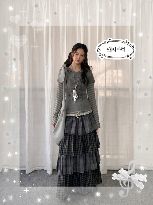 【rejio】アシンメトリー ティアード チェックスカート (グレー)