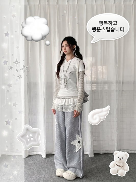 【rejio】スターパッチ ドット ワイドスウェットパンツ (グレー) / フリルパーツ付属