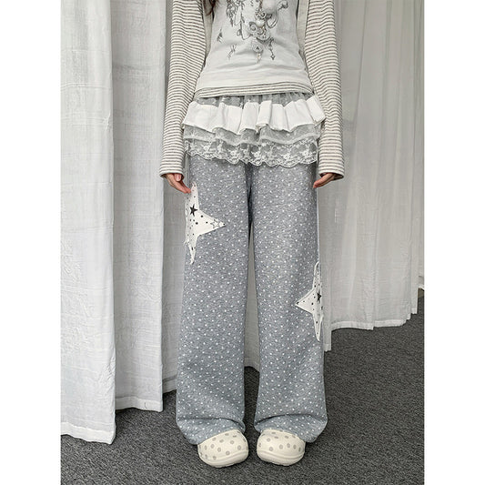 【rejio】スターパッチ ドット ワイドスウェットパンツ (グレー) / フリルパーツ付属