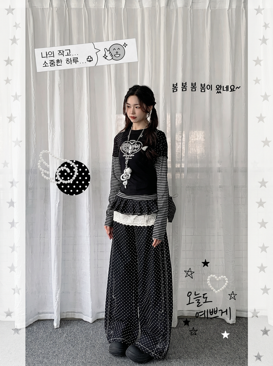 【rejio】デタッチャブルフリル ドット ワイドデニムパンツ (ブラック)